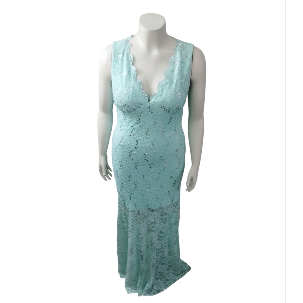 Morgan & Co‎  Womens Size 16 Lace Sequin Sheer Babydoll Mermaid Prom Maxi Dress
